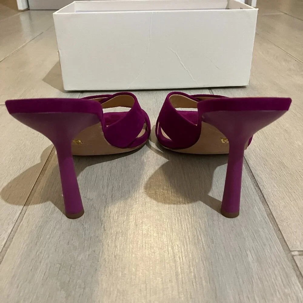 Veronica Beard Alsea Raspberry Pink Suede Mule Heels Square Toe Sandals Sz 8.5